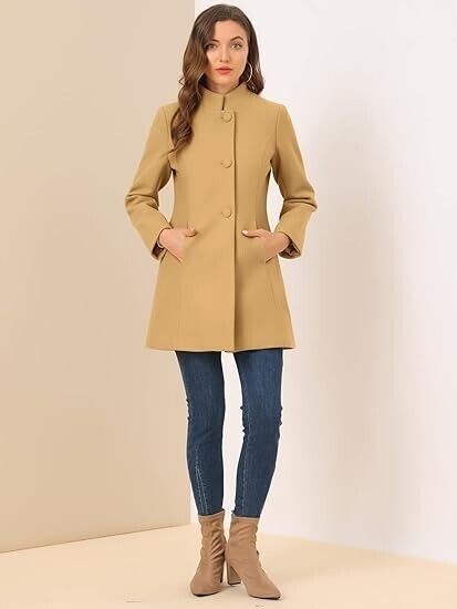 Allegra K Women's Winter Overcoat, Mid-thigh, Stand Collar, Single Breasted, xl