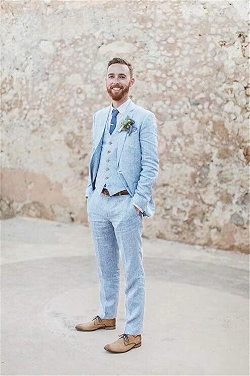 Wehilion Men Retro Linen Suit Light Blue,Homecoming Tuxedo Summer, Slim Fit, XXL
