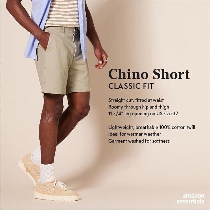 Essentials Men's Classic-Fit 7", Classic Khaki Chino Shorts, Cotton, Blue, 32
