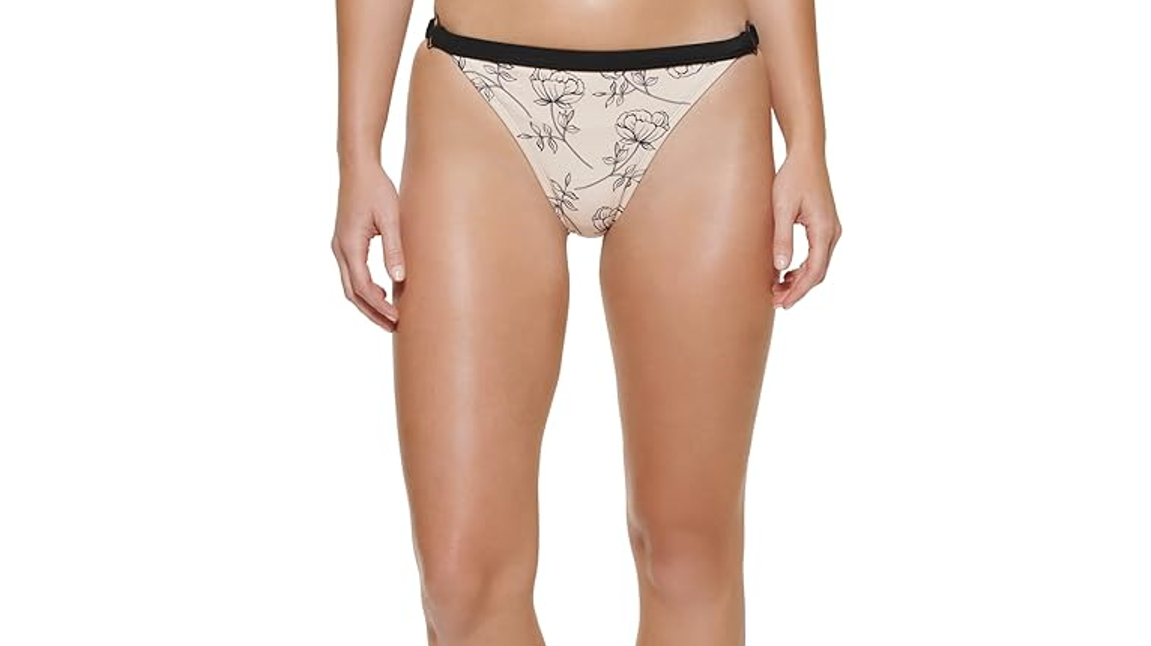 Calvin Klein Women's Logo Ring Printed Bikini Bottoms Swimsuit, Black, Size L