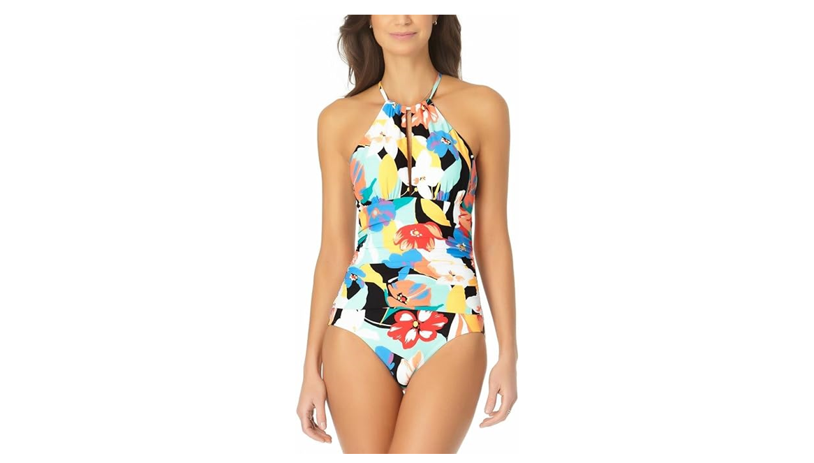 ANNE COLE Women Multi Color Printed Halter Keyhole Ruched Adjustable High Neck,8