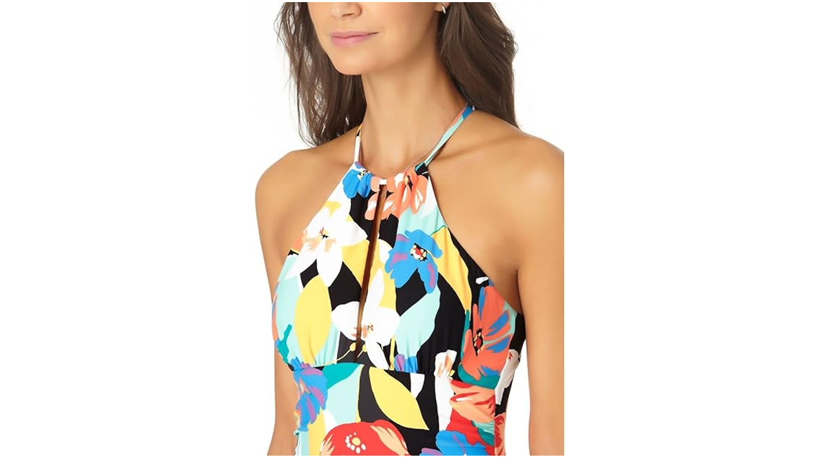 ANNE COLE Women Multi Color Printed Halter Keyhole Ruched Adjustable High Neck,8