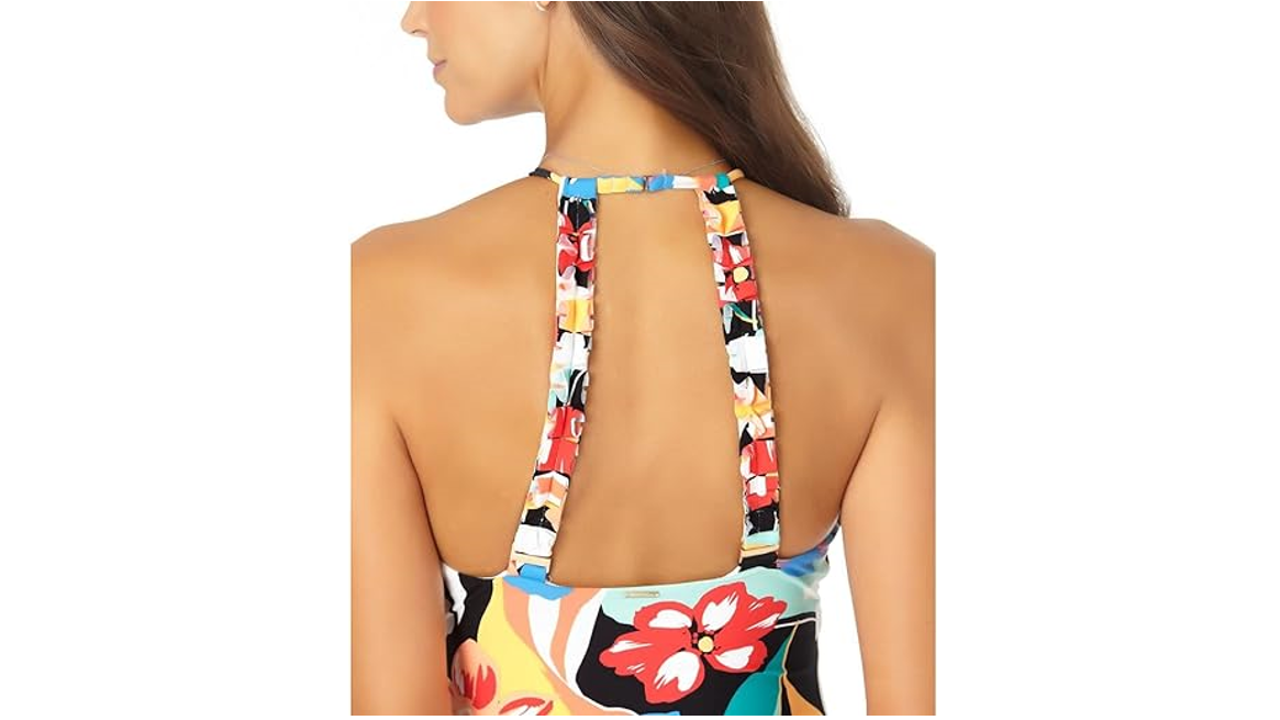 ANNE COLE Women Multi Color Printed Halter Keyhole Ruched Adjustable High Neck,8