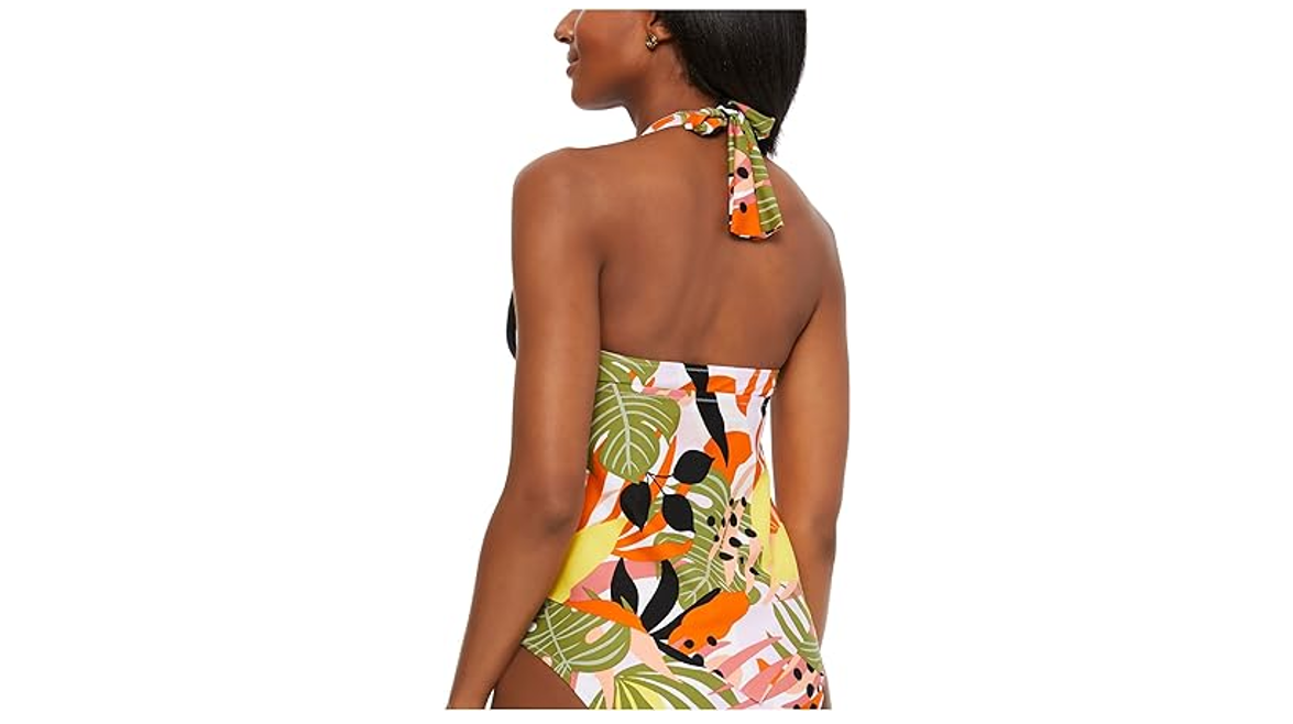 BAR III Women's Green Ring Tie Halter Tankini Swimsuit Top, Multi, Medium