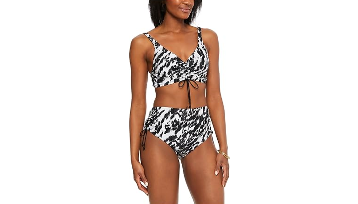 Bar III Women's Black Printed Stretch Drawstring Lined Full Coverage Tie, XL