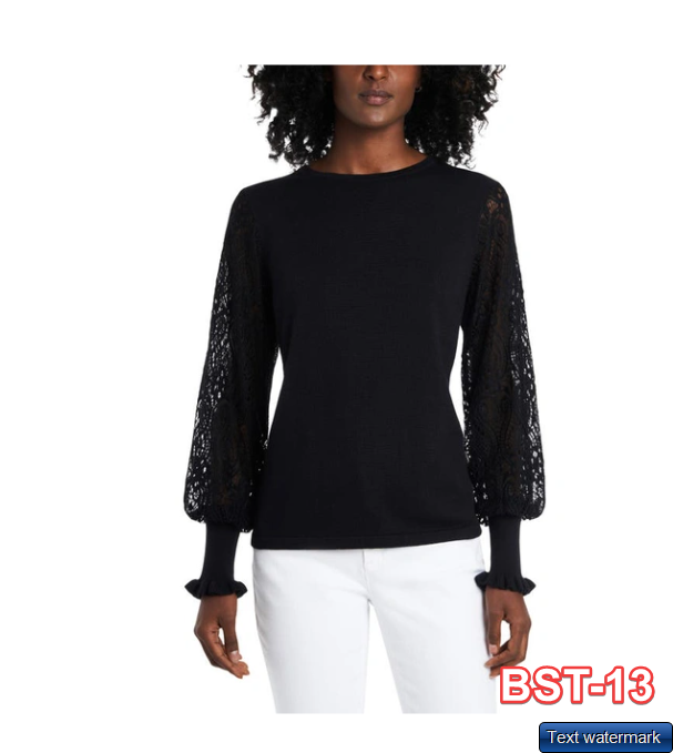 Vince Camuto Womens Paisley Lace Sleeve Pullover Sweater black XS $89
