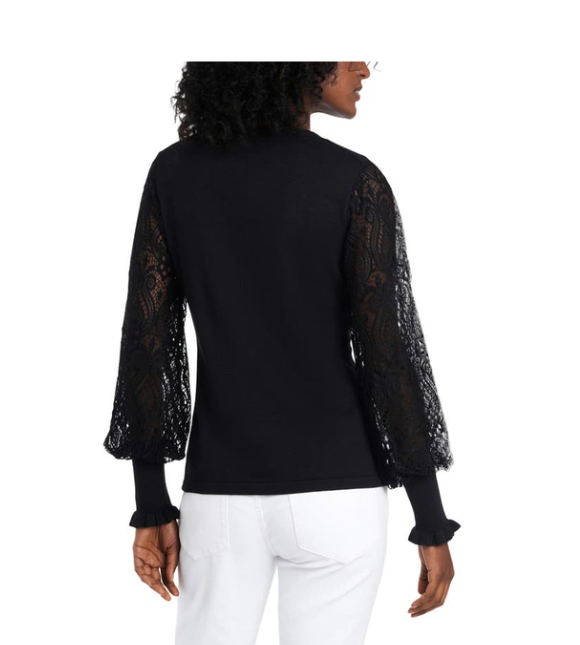 Vince Camuto Womens Paisley Lace Sleeve Pullover Sweater black XS $89