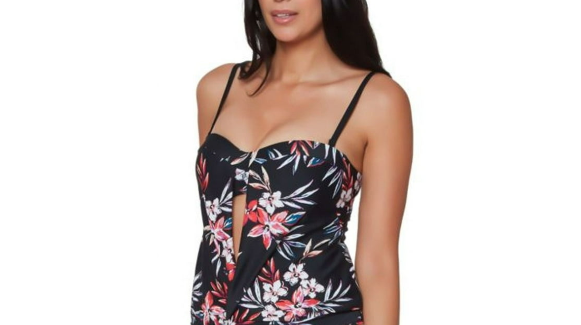 Bar III BLACK MULTI Floral-Print Tankini Swim Top, Small