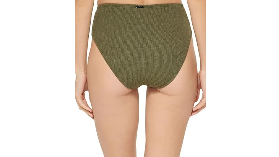 DKNY Women's Textured High-Waist Bikini Bottom (Moss Green, Large)