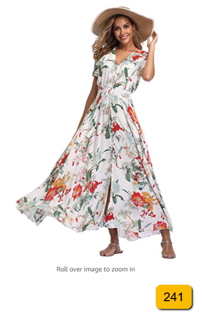VintageClothing Women's Boho Maxi Dresses Half Sleeve Floral Split Beach Dress M
