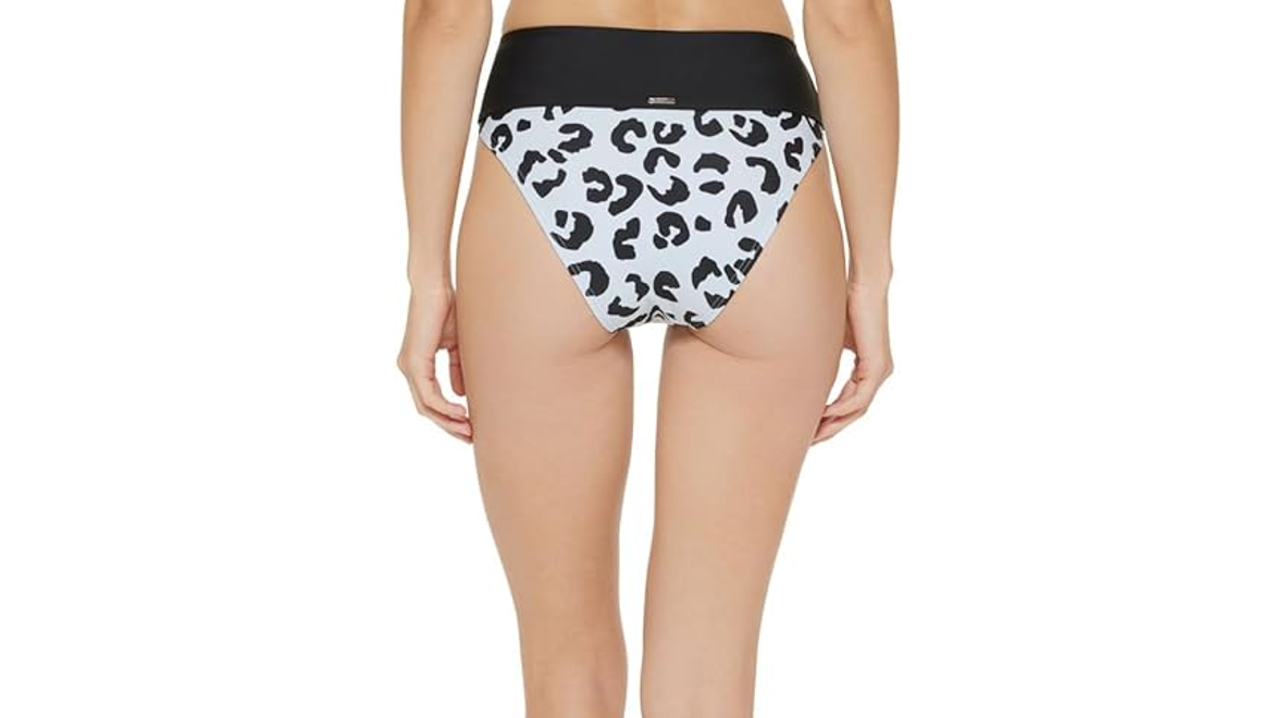 DKNY Women's Printed High-Waist Bikini Bottom (Block Leopard Light Blue, Large)