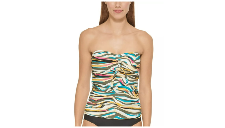 Dkny Women's Printed Bandeau Bow Tankini Top Swimsuit Green Size Large