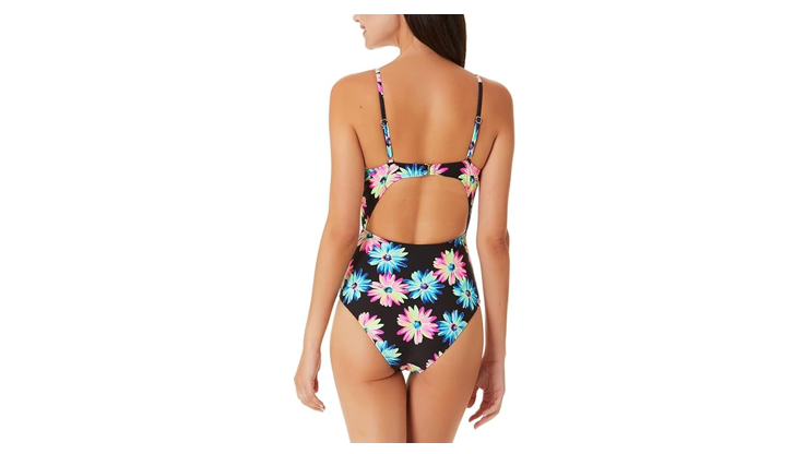 California Waves Juniors Black Gerber Daisy Knotted Cutout One-Piece Swimsuit, S