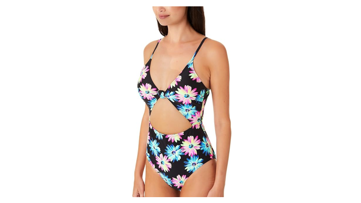 California Waves Juniors Black Gerber Daisy Knotted Cutout One-Piece Swimsuit, S