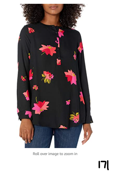 Amazon Essentials Women's Long-Sleeve Woven Blouse Black and Pink Floral Small