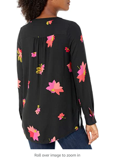 Amazon Essentials Women's Long-Sleeve Woven Blouse Black and Pink Floral Small