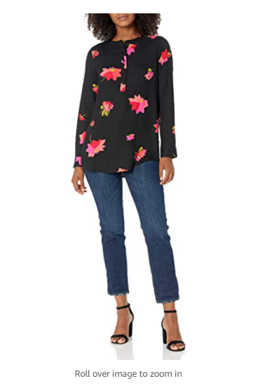 Amazon Essentials Women's Long-Sleeve Woven Blouse Black and Pink Floral Small