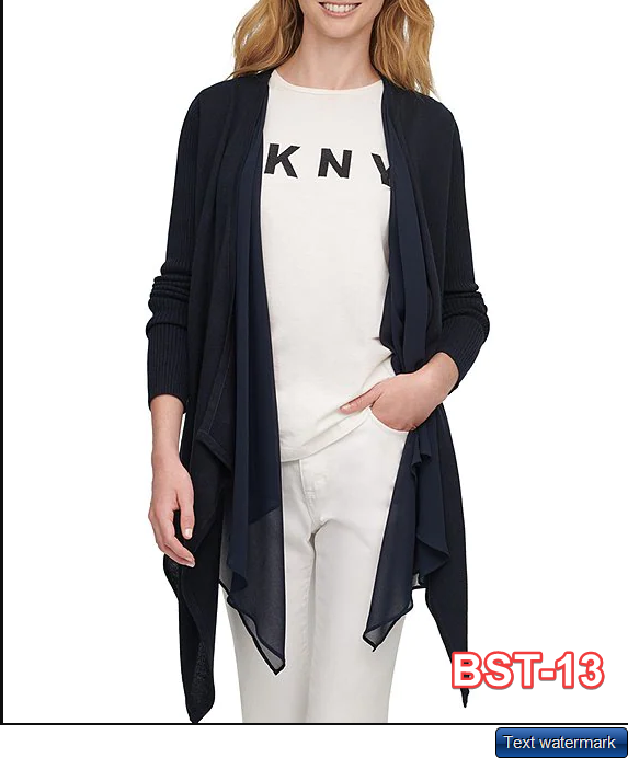 DKNY Mixed Media Waterfall Open Front Cardigan Navy XS/S $99