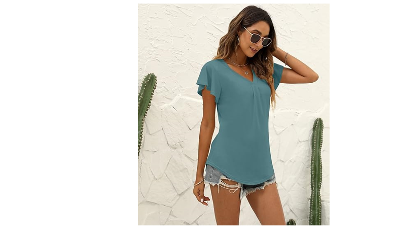 Women's Summer Tops Ruffle Sleeve V Neck Tunic Shirts Business Casual Flowy, M