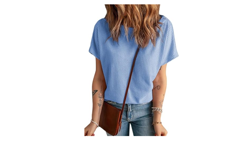 Dokotoo Womens Summer Round Neck Waffle Knit Oversized Slouchy Shirt Henley, L