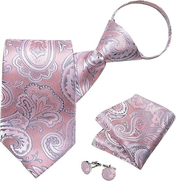DiBanGu Silk Zipper Ties, Paisley Solid Plaid & Pocket Square Pre-tied NeckTie