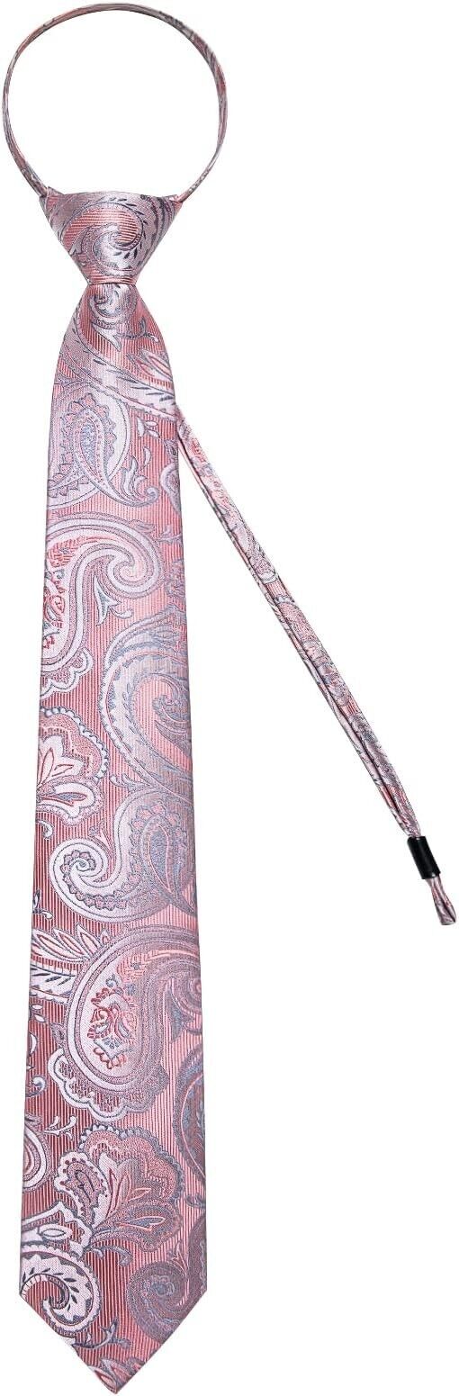 DiBanGu Silk Zipper Ties, Paisley Solid Plaid & Pocket Square Pre-tied NeckTie