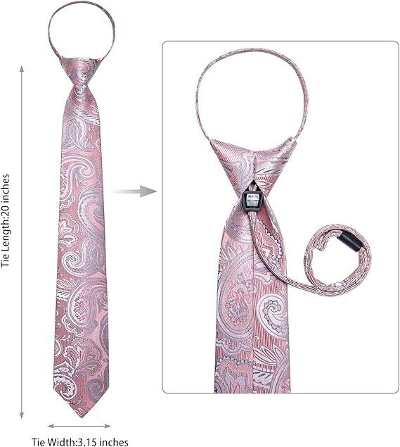 DiBanGu Silk Zipper Ties, Paisley Solid Plaid & Pocket Square Pre-tied NeckTie