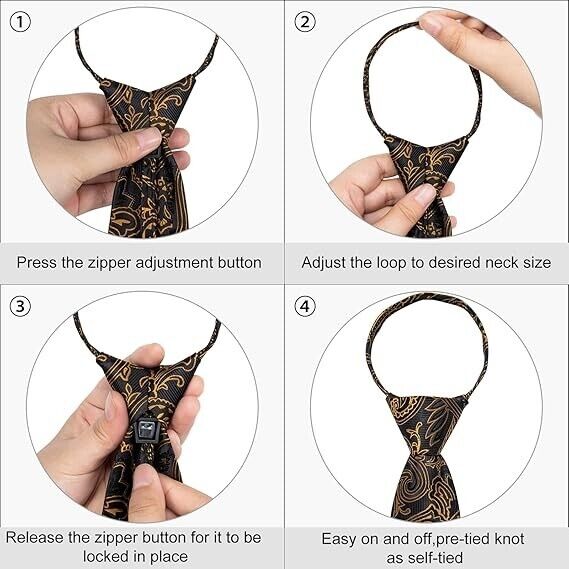 DiBanGu Silk Zipper Ties, Paisley Solid Plaid & Pocket Square Pre-tied NeckTie