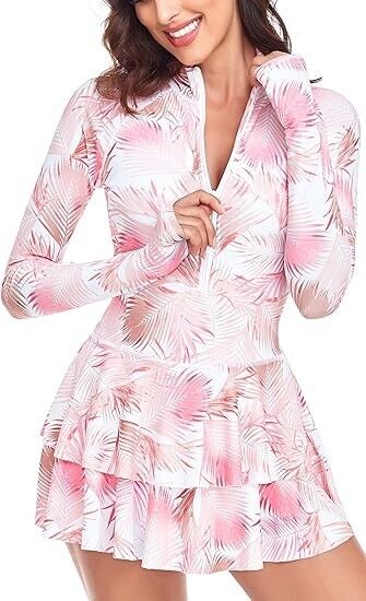 UNIQUEBELLA Rash Guard for Women, UV UPF 50+ One Piece Modest Swimsuits, Pink, M