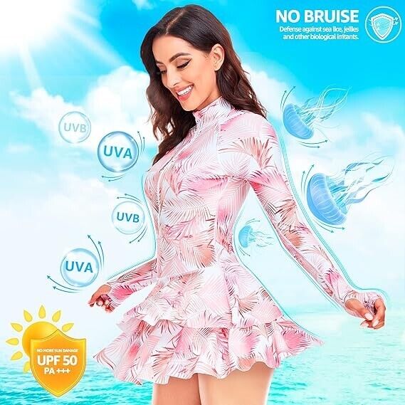 UNIQUEBELLA Rash Guard for Women, UV UPF 50+ One Piece Modest Swimsuits, Pink, M