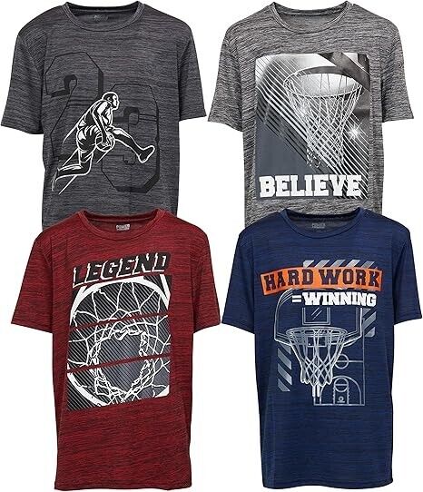 4 Pack Boys Athletic Active Performance Workout Basketball Graphic T-Shirt 14/16