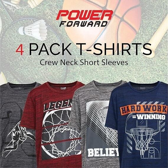 4 Pack Boys Athletic Active Performance Workout Basketball Graphic T-Shirt 14/16