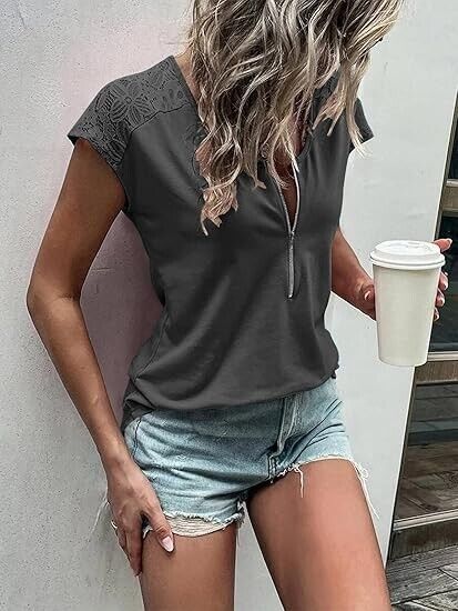 Women Summer Tops Loose Fit Lace Causual Crewneck Short Sleeves T-Shirt, Grey, L