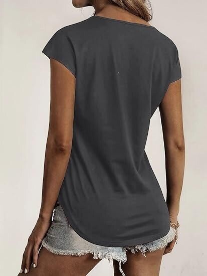 Women Summer Tops Loose Fit Lace Causual Crewneck Short Sleeves T-Shirt, Grey, L