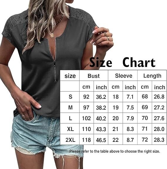 Women Summer Tops Loose Fit Lace Causual Crewneck Short Sleeves T-Shirt, Grey, L