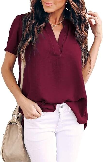 Allimy Women Summer Clothes Shirt V Neck Short Sleeve Tops Fashion 2024 Blouse L