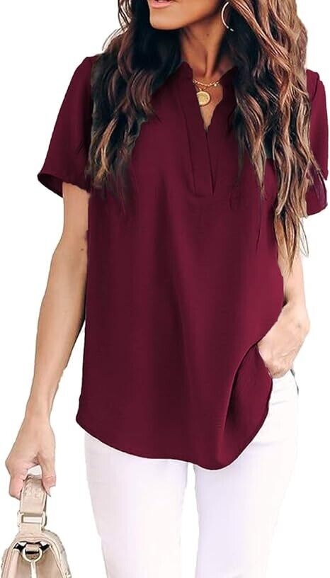 Allimy Women Summer Clothes Shirt V Neck Short Sleeve Tops Fashion 2024 Blouse L