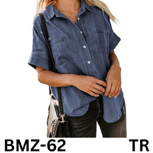 Astylish Women's Summer Tops Casual Short Sleeve Pocket Button Down Shirt Blue L