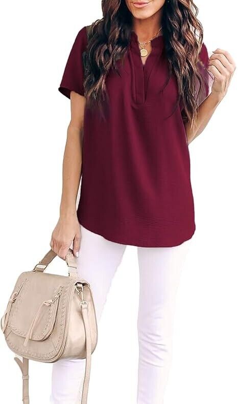 Allimy Women Summer Clothes Shirt V Neck Short Sleeve Tops Fashion 2024 Blouse L