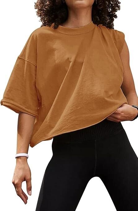 Womens Workout Tops Short Sleeve, Camel, Large