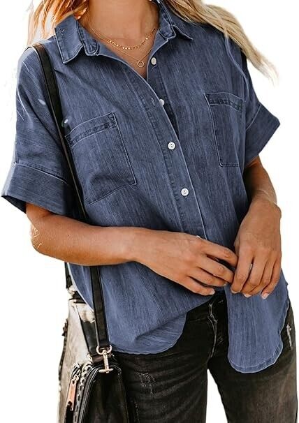 Astylish Women's Summer Tops Casual Short Sleeve Pocket Button Down Shirt Blue L