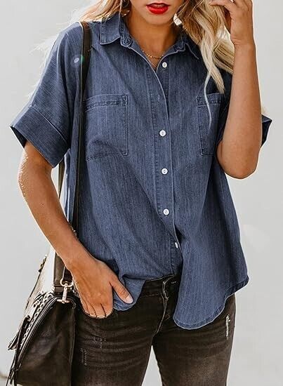 Astylish Women's Summer Tops Casual Short Sleeve Pocket Button Down Shirt Blue L