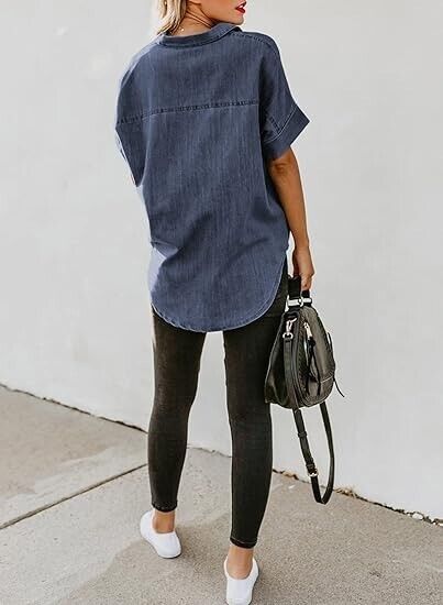 Astylish Women's Summer Tops Casual Short Sleeve Pocket Button Down Shirt Blue L