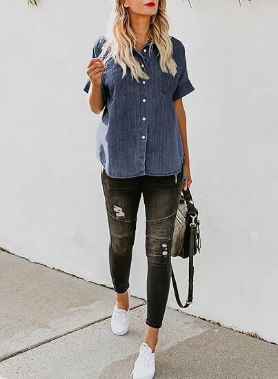 Astylish Women's Summer Tops Casual Short Sleeve Pocket Button Down Shirt Blue L
