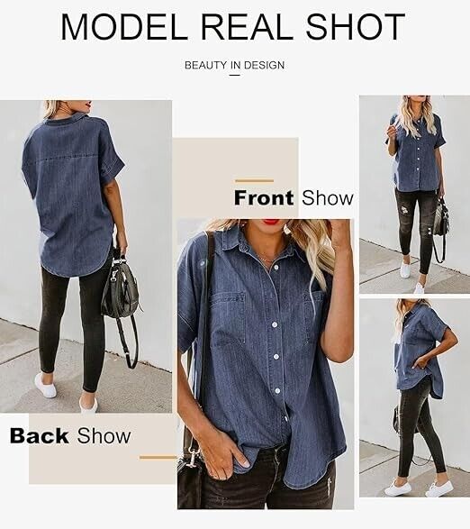 Astylish Women's Summer Tops Casual Short Sleeve Pocket Button Down Shirt Blue L