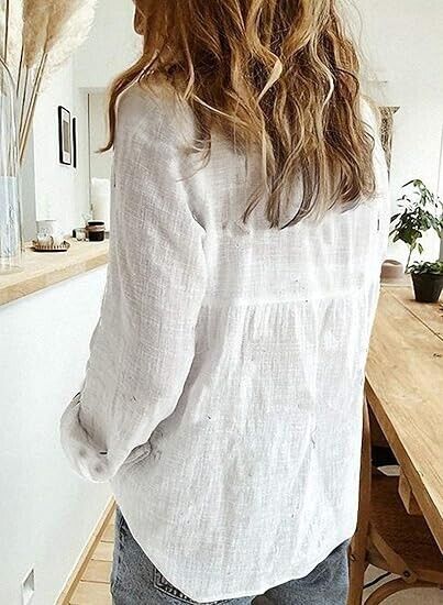 Astylish Womens V Neck Roll up Sleeve Button Down Blouses Tops White Small