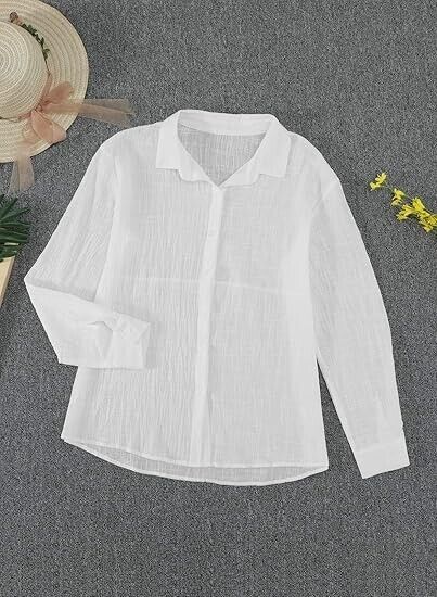 Astylish Womens V Neck Roll up Sleeve Button Down Blouses Tops White Small