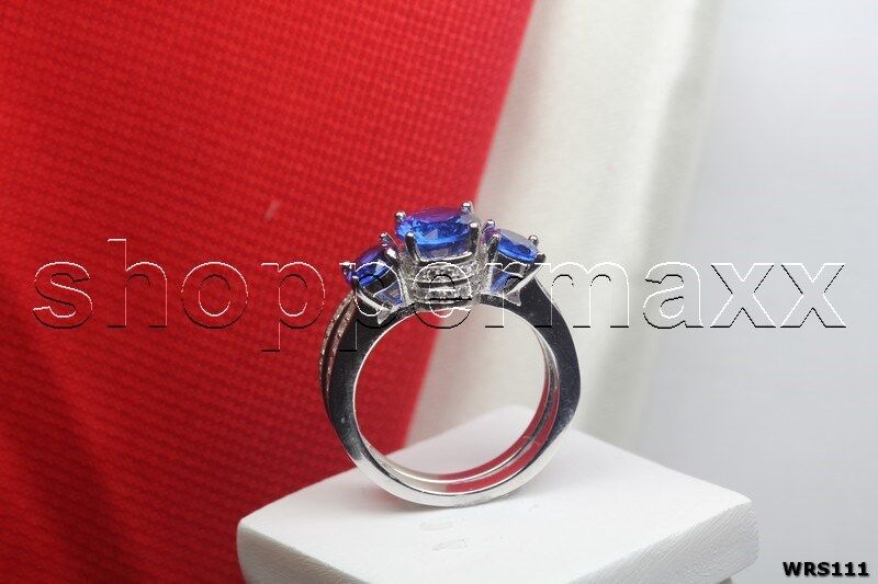Three Stone Blue CZ Journey Sterling Silver 925 Engagement & Wedding Rings