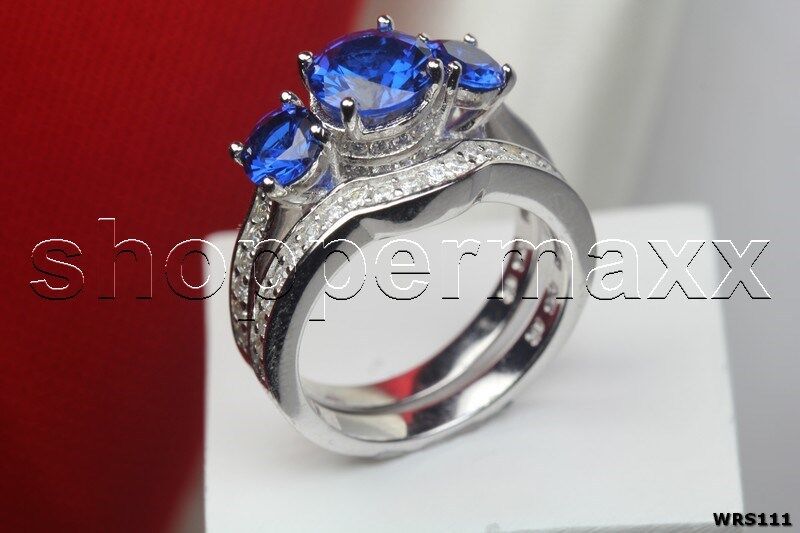 Three Stone Blue CZ Journey Sterling Silver 925 Engagement & Wedding Rings