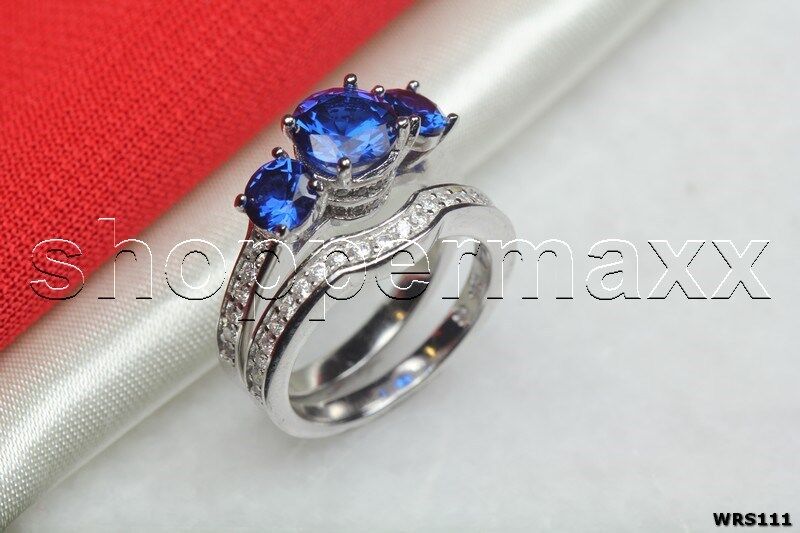 Three Stone Blue CZ Journey Sterling Silver 925 Engagement & Wedding Rings
